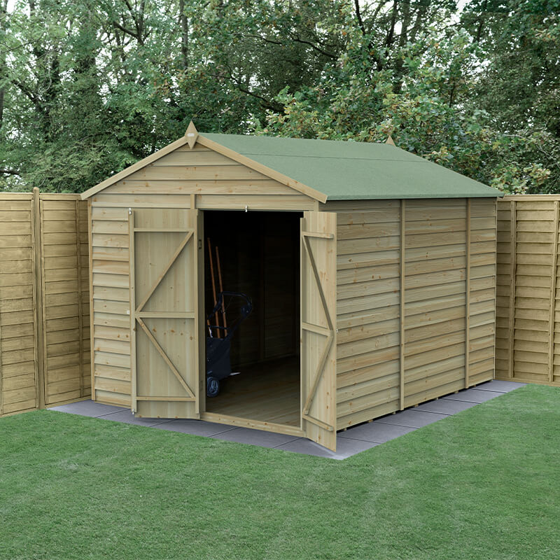 10' x 8' Forest 4Life 25yr Guarantee Overlap Pressure Treated Windowless Double Door Apex Wooden Shed (3.01m x 2.61m)