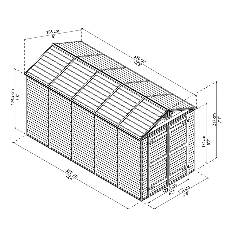 6' x 12' Palram Canopia Grey Skylight Plastic Shed (1.85m x 3.79m) Technical Drawing