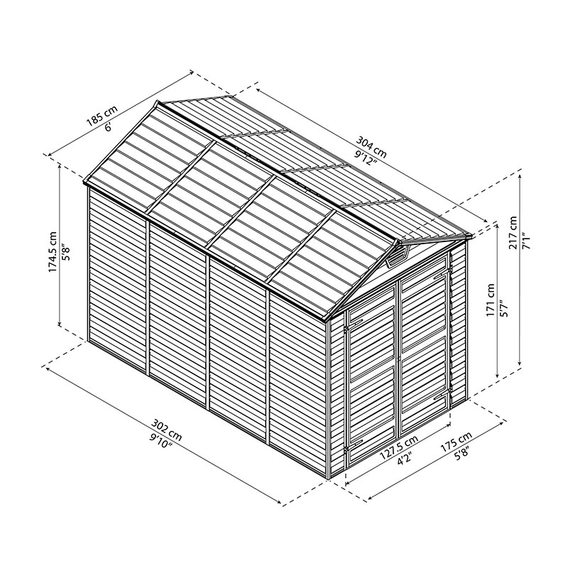 6' x 10' Palram Canopia Green Skylight Plastic Shed (1.85m x 3.04m) Technical Drawing