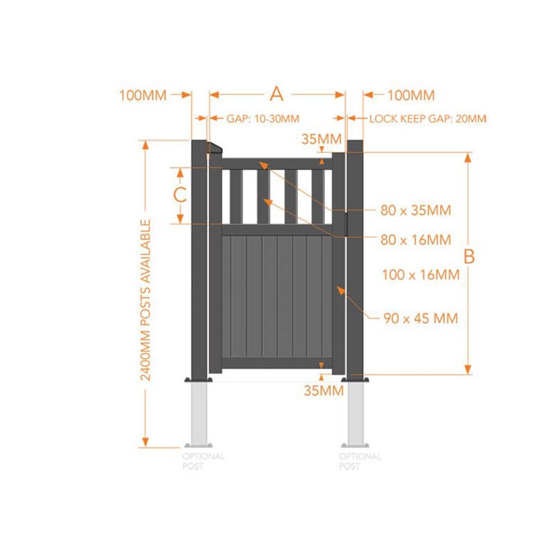 Partial Privacy Premium Aluminium Side Gate - Grey Technical Drawing