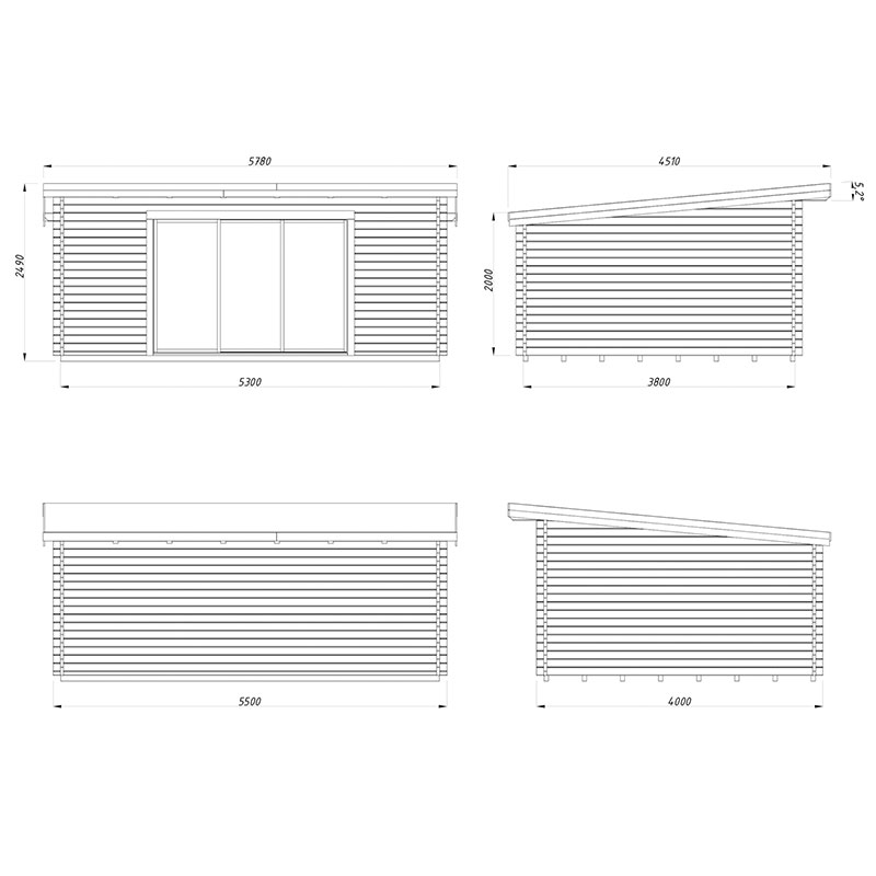 Palmako Lea 5.8m x 4.5m Double Glazed Log Cabin Garden Office Sliding Doors Plus (44mm) Technical Drawing