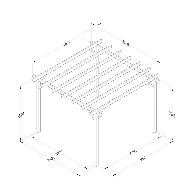 12' x 12' Forest Premium Ultima Large Wooden Garden Pergola (3.6m x 3.6m) Technical Drawing
