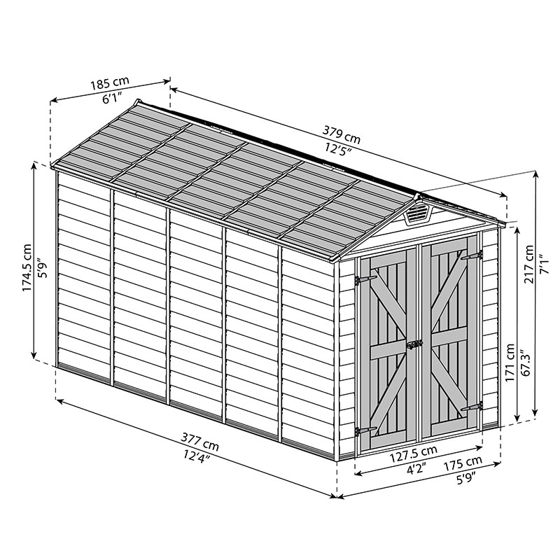 6' x 12' Palram Canopia Tan Skylight Plastic Shed (1.85m x 3.79m) Technical Drawing