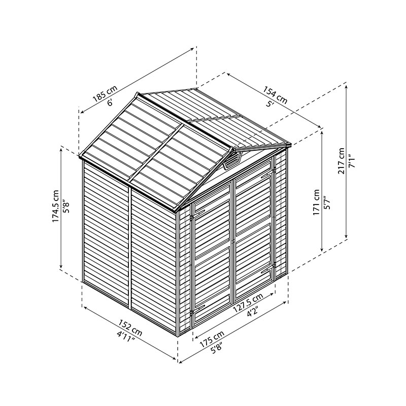 6' x 5' Palram Canopia Grey Skylight Plastic Shed (1.85m x 1.54m) Technical Drawing