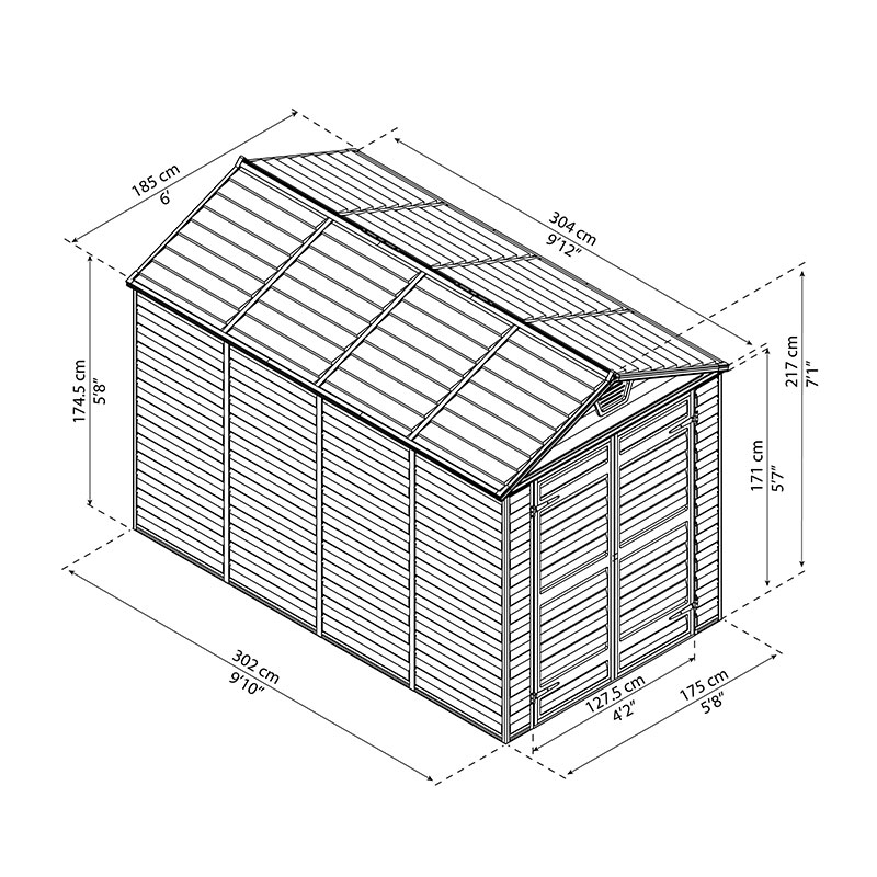 6' x 10' Palram Canopia Grey Skylight Plastic Shed (1.85m x 3.04m) Technical Drawing