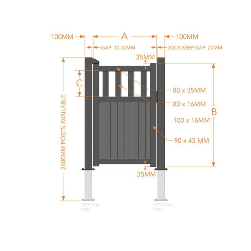 Partial Privacy Premium Aluminium Side Gate - Black Technical Drawing