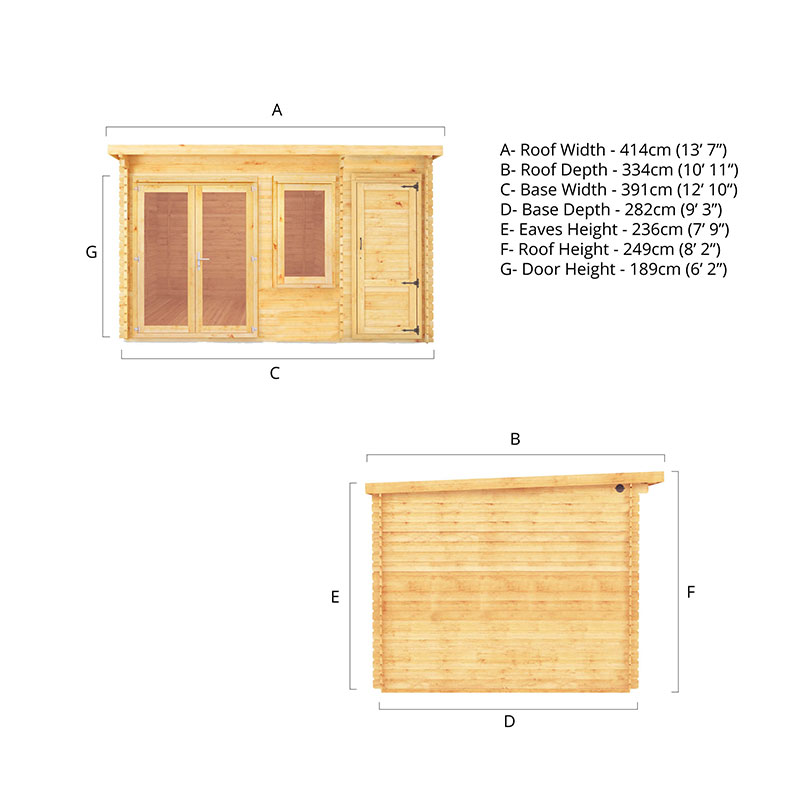 Mercia Elite 4m x 3m Double Glazed Pent Log Cabin with Side Shed (28mm) Technical Drawing