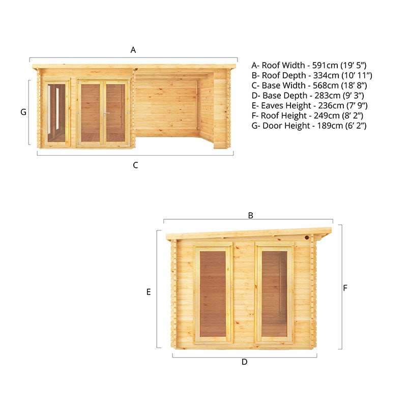 Mercia Studio 6m x 3m Double Glazed Pent Log Cabin and Gazebo with Sides (34mm) Technical Drawing