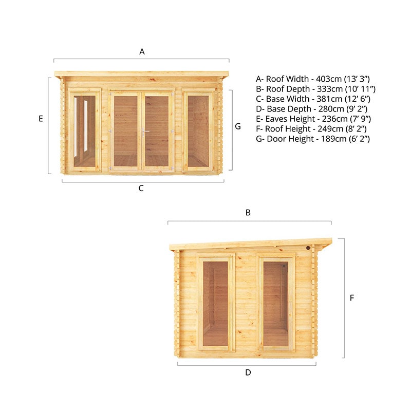 Mercia Studio 4m x 3m Double Glazed Pent Log Cabin (34mm) Technical Drawing