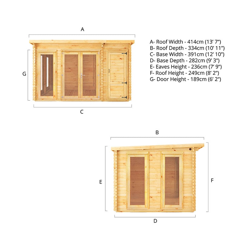 Mercia Studio 4m x 3m Double Glazed Pent Log Cabin with Side Shed (34mm) Technical Drawing