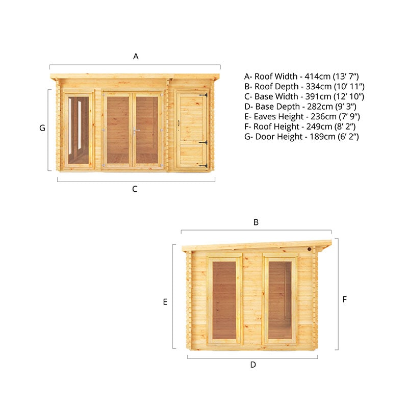 Mercia Studio 4m x 3m Double Glazed Pent Log Cabin with Side Shed (44mm) Technical Drawing