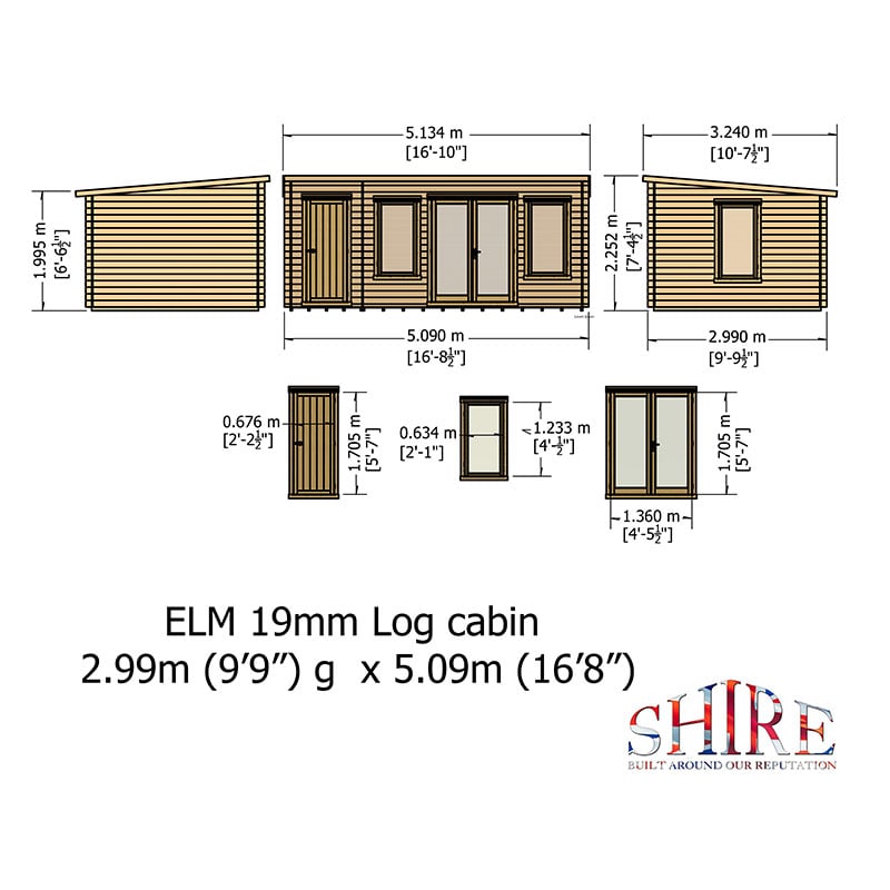Shire Elm 5.1m x 3m Log Cabin with Side Shed (19mm) Technical Drawing
