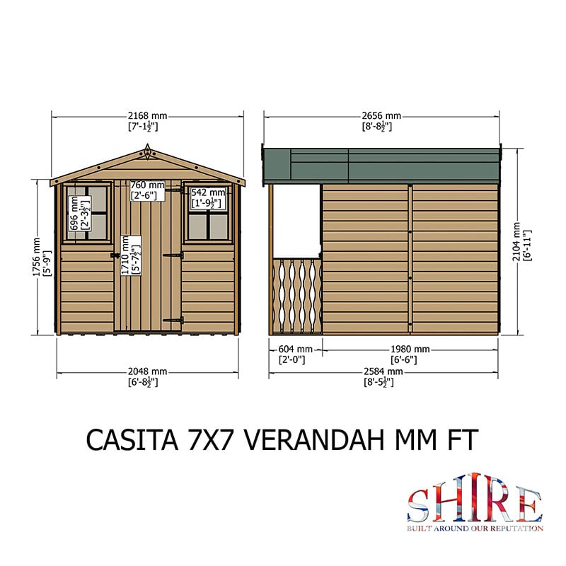7' x 9' Shire Casita Wooden Summerhouse including Veranda (2.16m x 2.72m) Technical Drawing