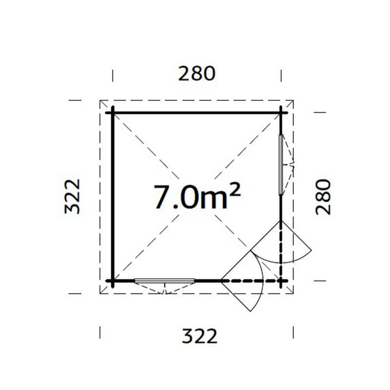 Palmako Melanie 2.8m x 2.8m Corner Log Cabin Summerhouse (44mm) Technical Drawing