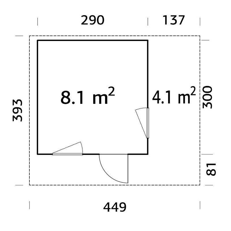 Palmako Grace 4.5m x 3.9m Pent Log Cabin (56mm) Technical Drawing