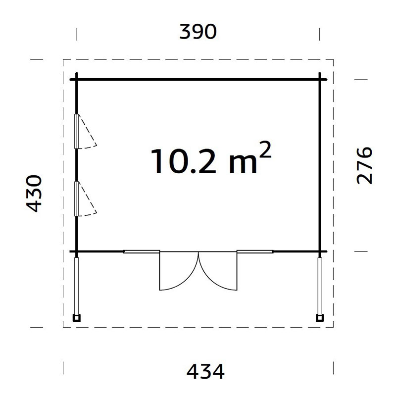 Palmako Caroline 3.9m x 4.3m Pent Log Cabin (44mm) Technical Drawing