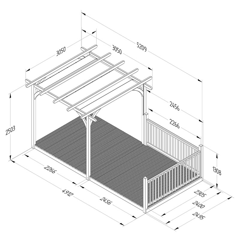 8' x 16' Forest Pergola Deck Kit with Retractable Canopy No. 3 (2.4m x 4.8m) Technical Drawing