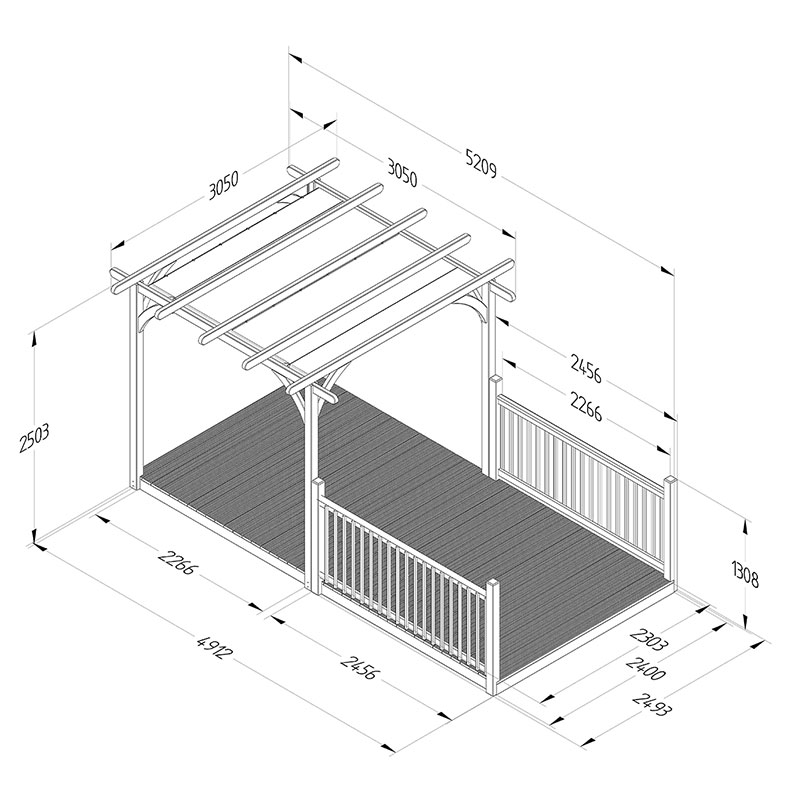 8' x 16' Forest Pergola Deck Kit with Retractable Canopy No. 4 (2.4m x 4.8m) Technical Drawing
