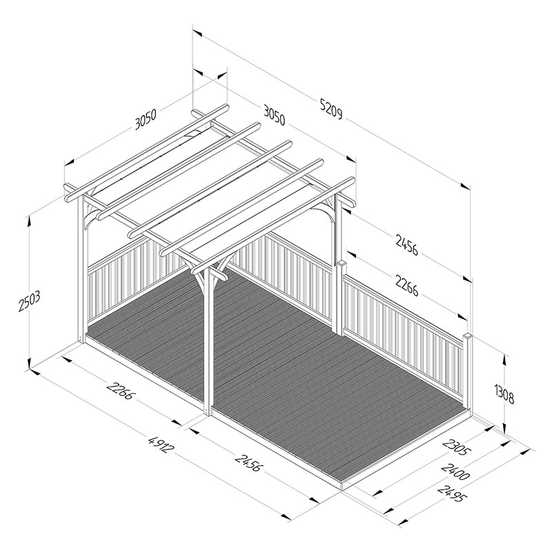8' x 16' Forest Pergola Deck Kit with Retractable Canopy No. 6 (2.4m x 4.8m) Technical Drawing