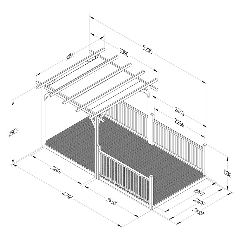8' x 16' Forest Pergola Deck Kit with Retractable Canopy No. 8 (2.4m x 4.8m) Technical Drawing