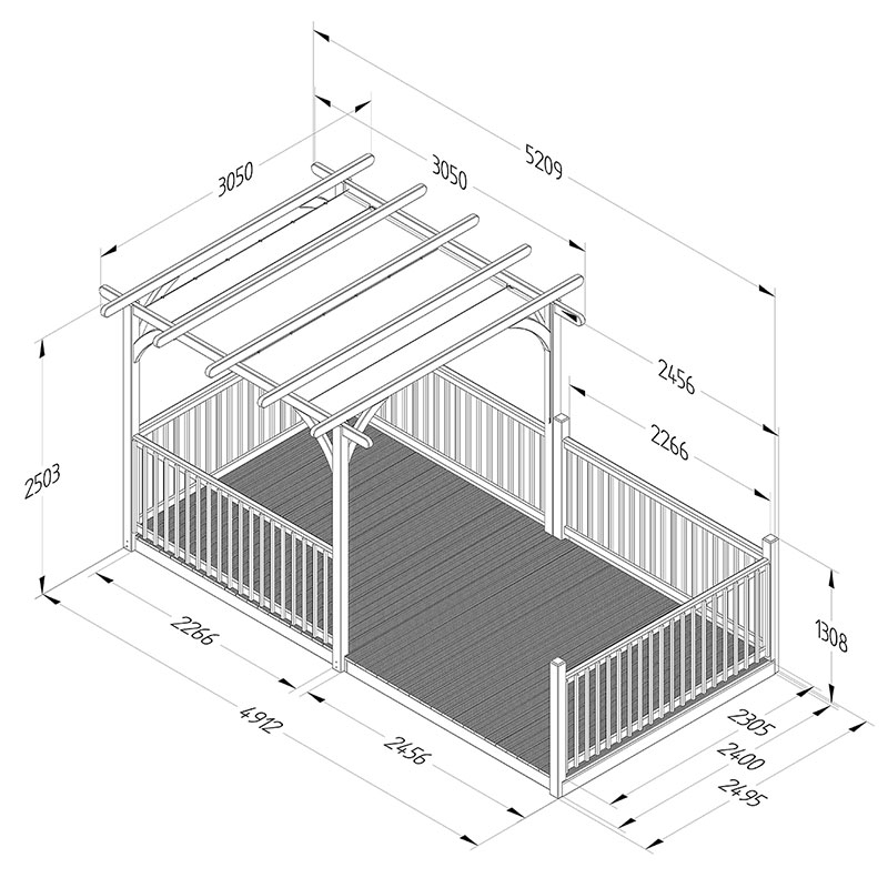 8' x 16' Forest Pergola Deck Kit with Retractable Canopy No. 12 (2.4m x 4.8m) Technical Drawing