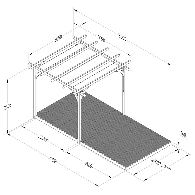8' x 16' Forest Pergola Deck Kit with Retractable Canopy No. 1 (2.4m x 4.8m) Technical Drawing
