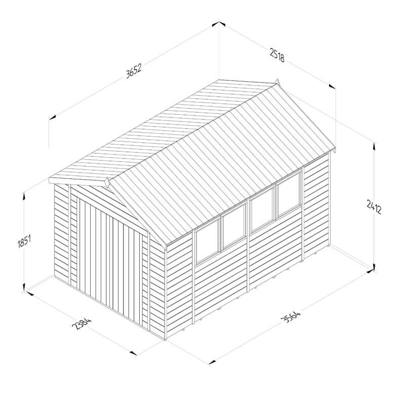 12' x 8' Forest Timberdale 25yr Guarantee Tongue & Groove Pressure Treated Double Door Apex Shed – 4 Windows (3.65m x 2.52m) Technical Drawing