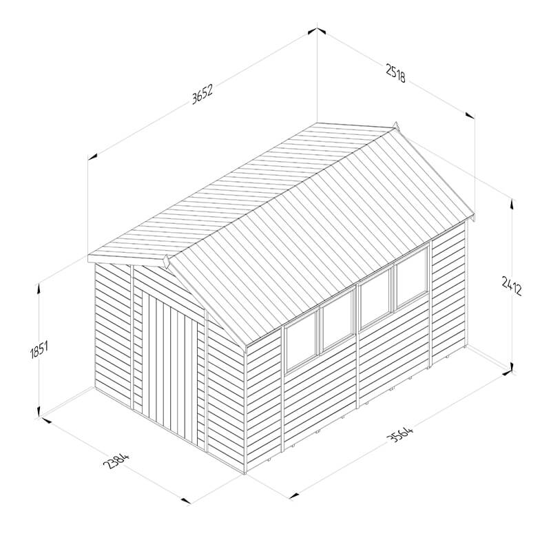 12' x 8' Forest Timberdale 25yr Guarantee Tongue & Groove Pressure Treated Apex Shed – 4 Windows (3.65m x 2.52m) Technical Drawing
