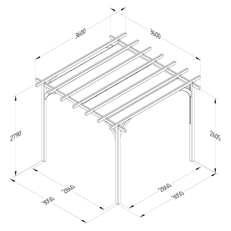 Forest Large Ultima Wooden Garden Pergola with Retractable Canopy 12' x 12' Technical Drawing
