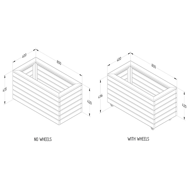 2'7 x 1'4 Forest Linear Double Wooden Garden Planter with Wheels (0.8m x 0.4m) Technical Drawing
