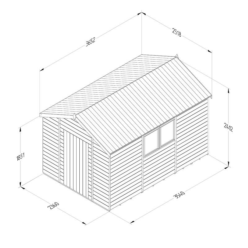 12' x 8' Forest Timberdale 25yr Guarantee Tongue & Groove Pressure Treated Apex Shed (3.65m x 2.52m) Technical Drawing