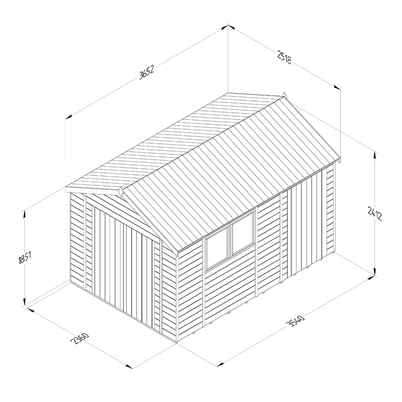 12' x 8' Forest Timberdale 25yr Guarantee Tongue & Groove Pressure Treated Double Door Combination Apex Shed (3.65m x 2.52m) Technical Drawing