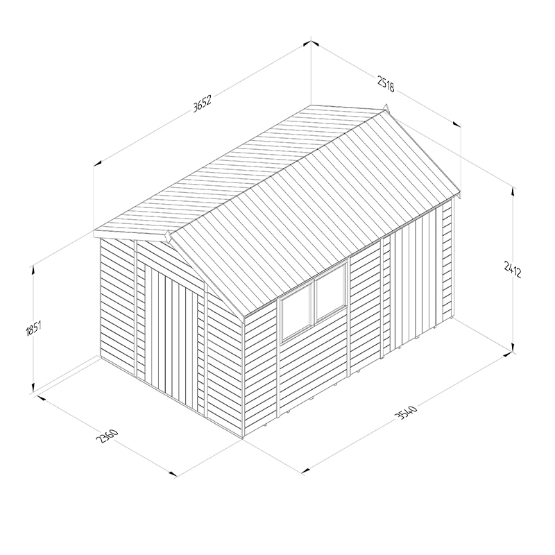 12' x 8' Forest Timberdale 25yr Guarantee Tongue & Groove Pressure Treated Combination Apex Shed (3.65m x 2.52m) Technical Drawing