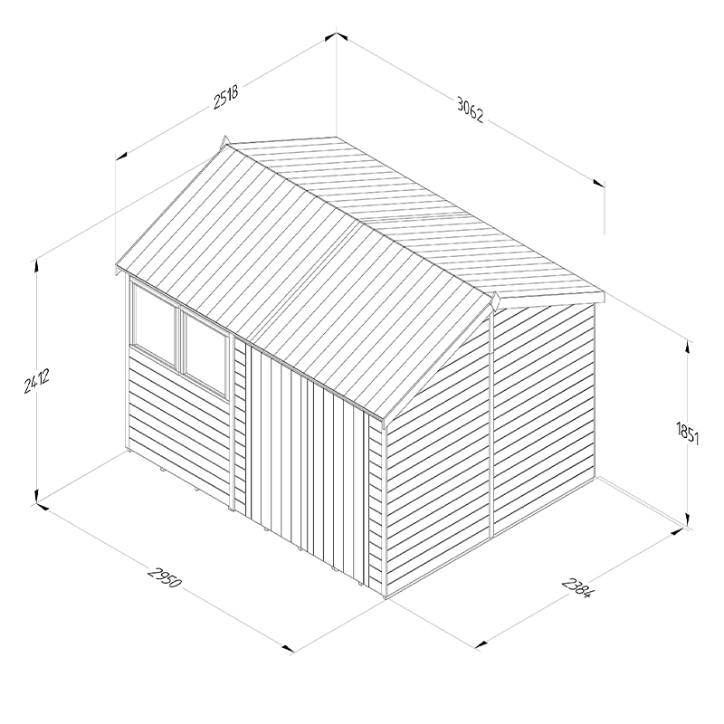 10' x 8' Forest Timberdale 25yr Guarantee Tongue & Groove Pressure Treated Double Door Reverse Apex Shed (3.06m x 2.52m) Technical Drawing