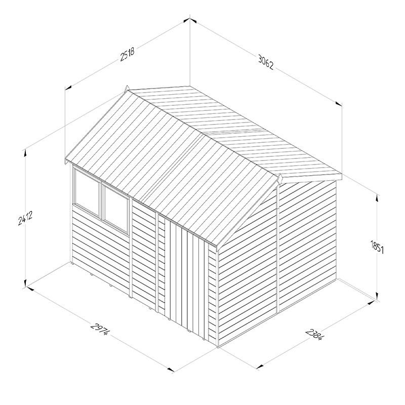 10' x 8' Forest Timberdale 25yr Guarantee Tongue & Groove Pressure Treated Reverse Apex Shed (3.06m x 2.52m) Technical Drawing