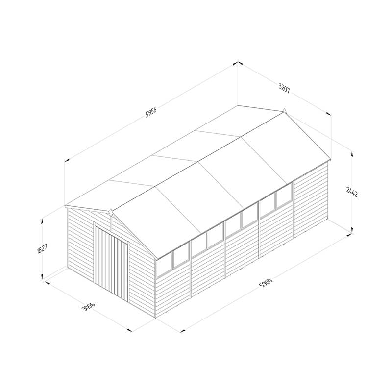20' x 10' Forest 4Life 25yr Guarantee Overlap Pressure Treated Double Door Apex Wooden Shed (3.21m x 5.96m) Technical Drawing