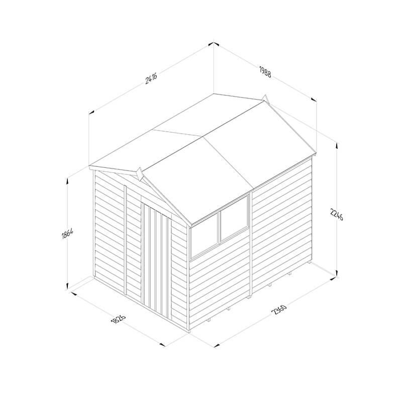 8' x 6' Forest 4Life 25yr Guarantee Overlap Pressure Treated Apex Wooden Shed (2.42m x 1.99m) Technical Drawing