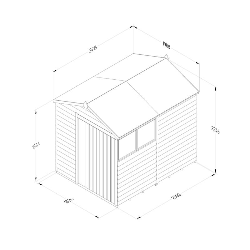 8' x 6' Forest 4Life 25yr Guarantee Overlap Pressure Treated Double Door Apex Wooden Shed (2.42m x 1.99m) Technical Drawing