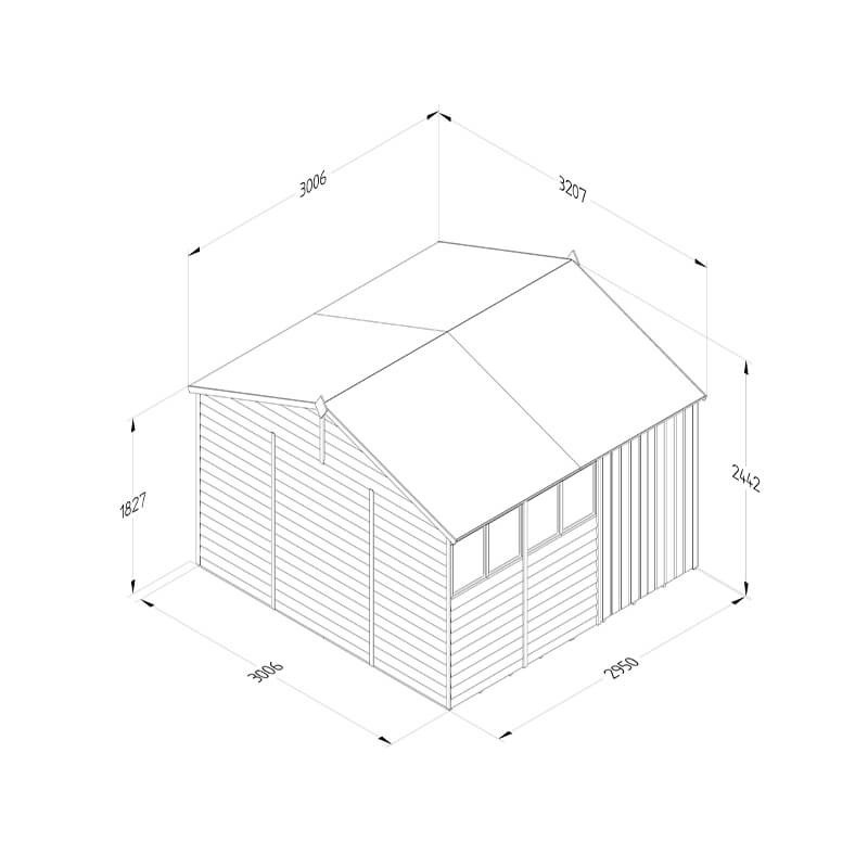 10' x 10' Forest 4Life 25yr Guarantee Overlap Pressure Treated Double Door Reverse Apex Wooden Shed - 4 Windows (3.21m x 3.01m) Technical Drawing