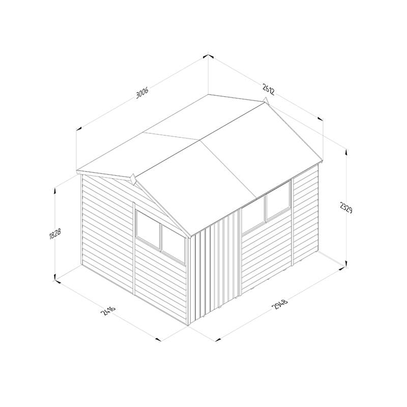10' x 8' Forest 4Life 25yr Guarantee Overlap Pressure Treated Double Door Reverse Apex Wooden Shed - 4 Windows (3.01m x 2.61m) Technical Drawing