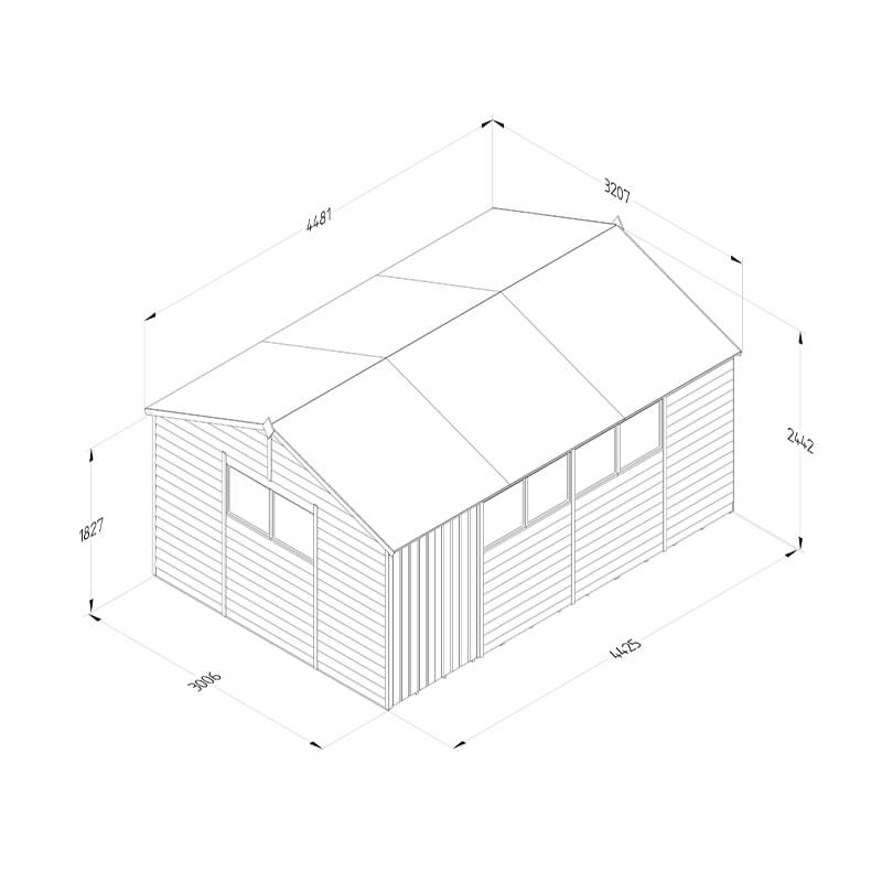 15' x 10' Forest 4Life 25yr Guarantee Overlap Pressure Treated Double Door Apex Wooden Shed - 6 Windows (4.48m x 3.21m) Technical Drawing