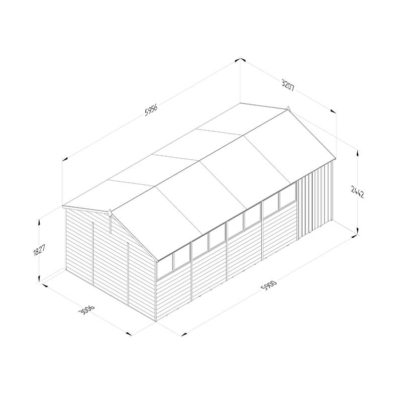 20' x 10' Forest 4Life 25yr Guarantee Overlap Pressure Treated Double Door Reverse Apex Wooden Shed - 8 Windows (5.96m x 3.21m) Technical Drawing