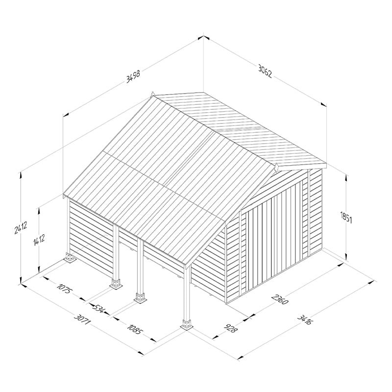 10' x 8' Forest Timberdale 25yr Guarantee Tongue & Groove Pressure Treated Double Door Apex Shed with Logstore (3.07m x 2.36m) Technical Drawing
