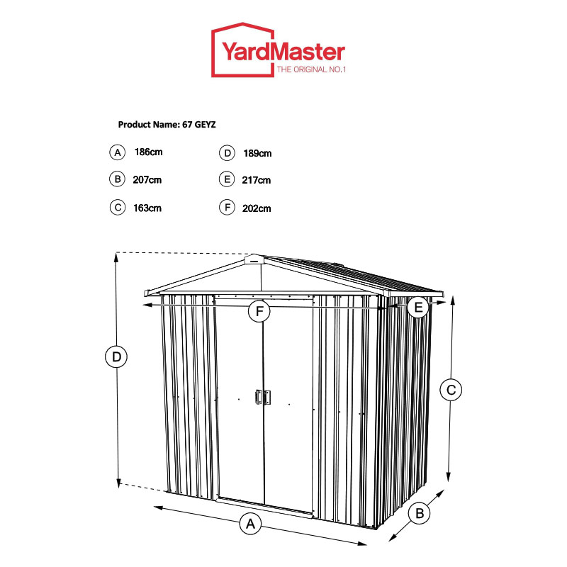 6'8 x 7'2 Yardmaster Green Metal Shed (2.02m x 2.17m) Technical Drawing