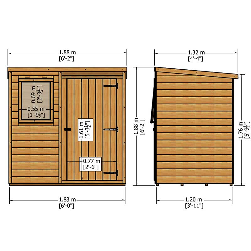 6' x 4' Traditional Standard Shiplap Pent Wooden Shed (1.83m x 1.22m) Technical Drawing