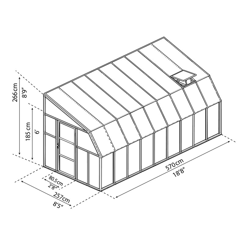 8' x 18' Palram Canopia Rion Clear Sun Room (2.57m x 5.70m) Technical Drawing