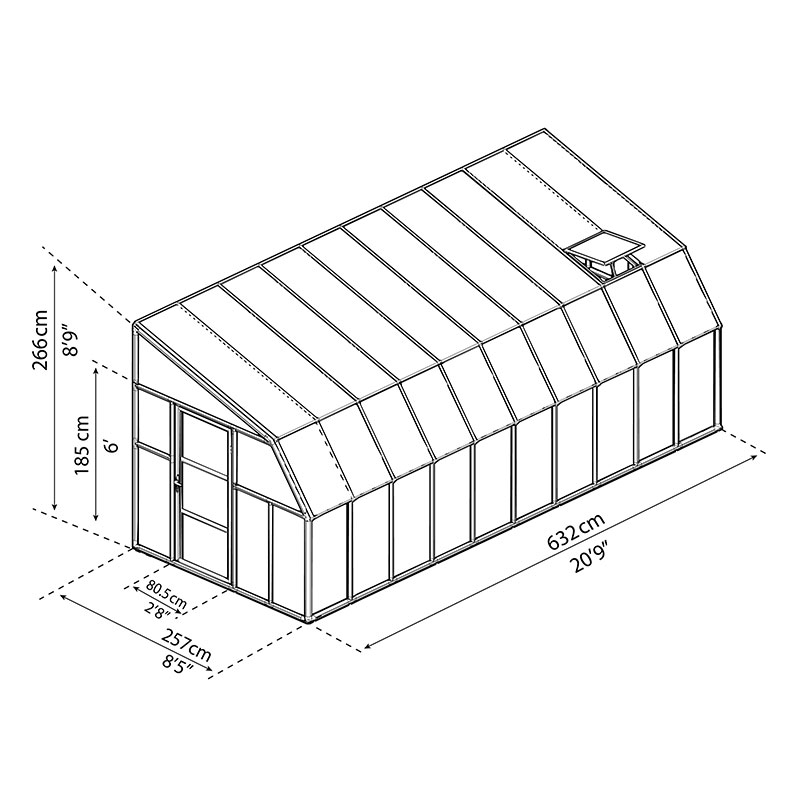 8' x 20' Palram Canopia Rion Clear Sun Room (2.57m x 6.32m) Technical Drawing