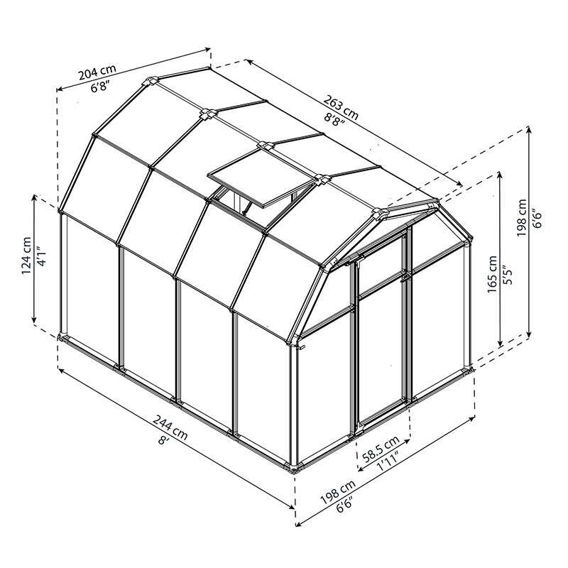 6'x8' Palram Canopia Rion EcoGrow Green Greenhouse with Resin Frame (2.04m x 2.63m) Technical Drawing