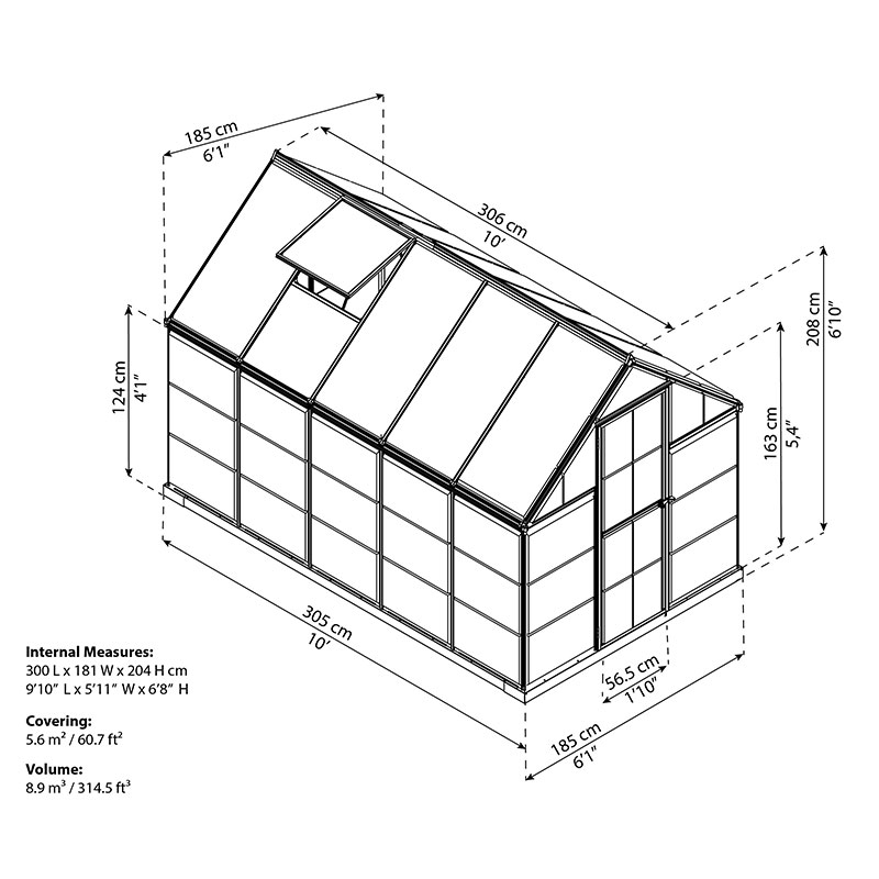 6' x 10' Palram Canopia Hybrid Grey Greenhouse (1.85m x 3.06m) Technical Drawing