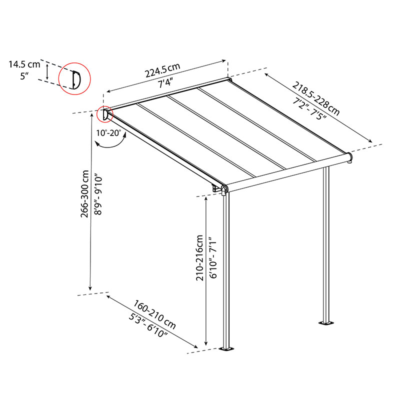 7' x 7' Palram Canopia Sierra Grey Clear Patio Cover (2.28m x 2.25m) Technical Drawing